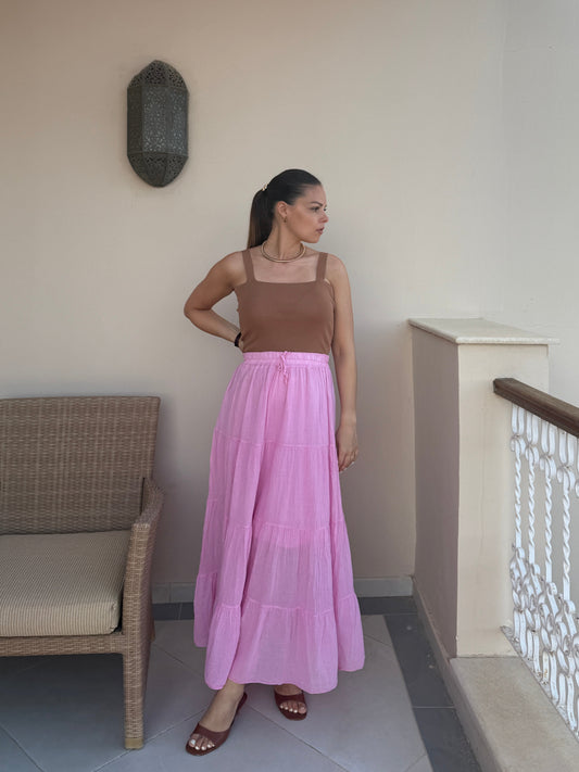 PAULA - JUPE LONGUE VOLANT ROSE