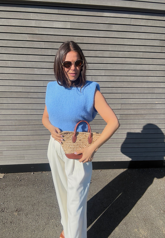 VIOLETTE - PULL SANS MANCHE ÉPAULETTE BLEU