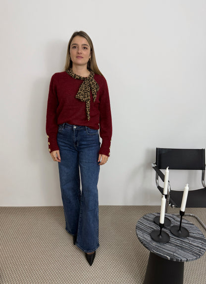 SOPHIE  - PULL DETAIL LEOPARD BORDEAUX