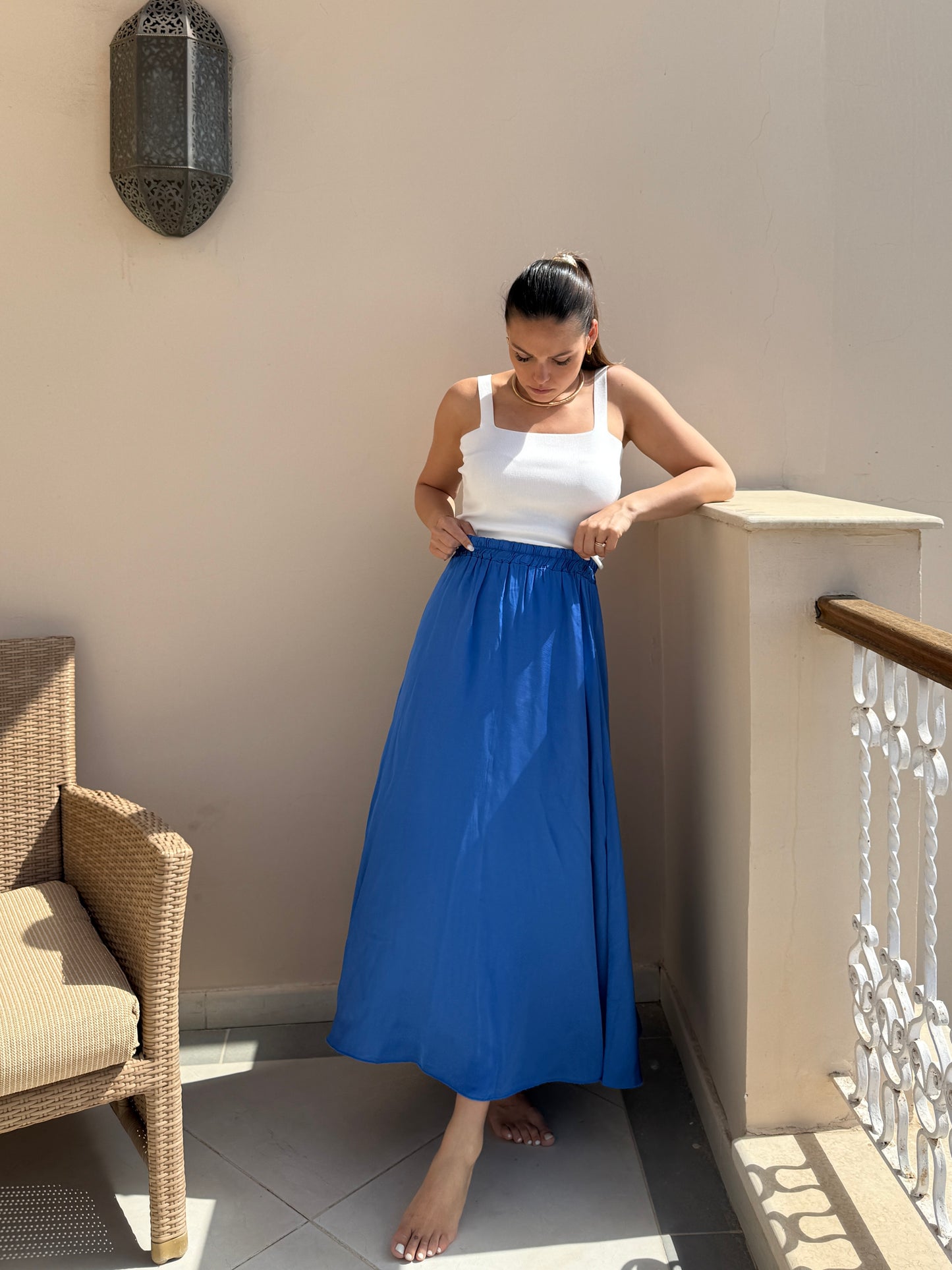 MARINE - JUPE LONGUE SATINEE BLEU
