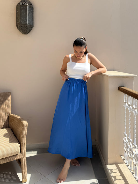 MARINE - JUPE LONGUE SATINEE BLEU