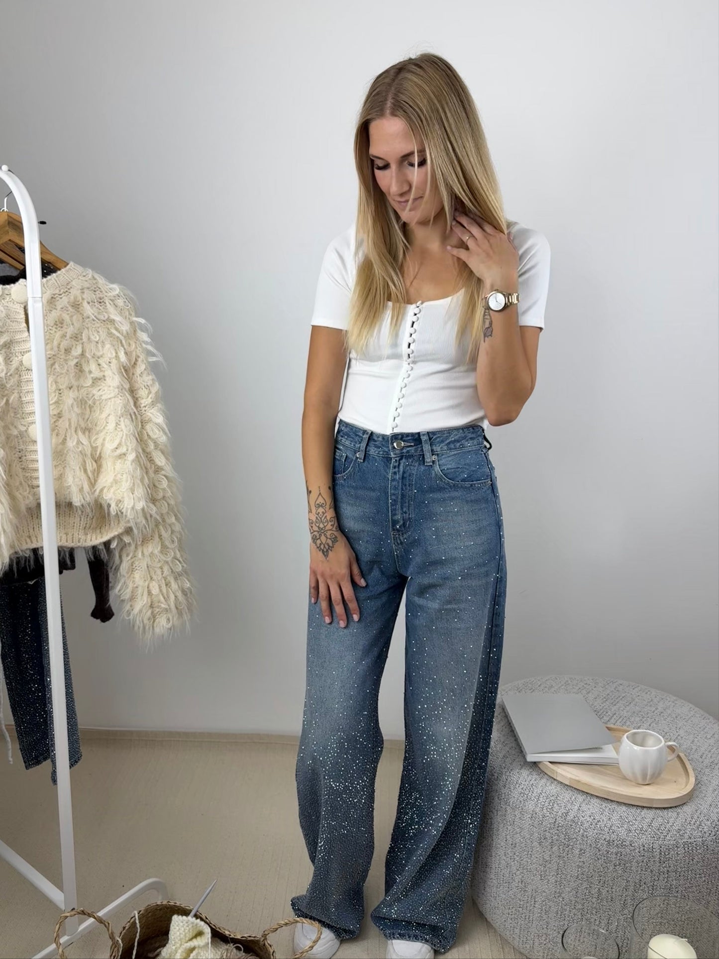 LEONIE BLEU - JEAN STRASS COUPE WIDE LEG